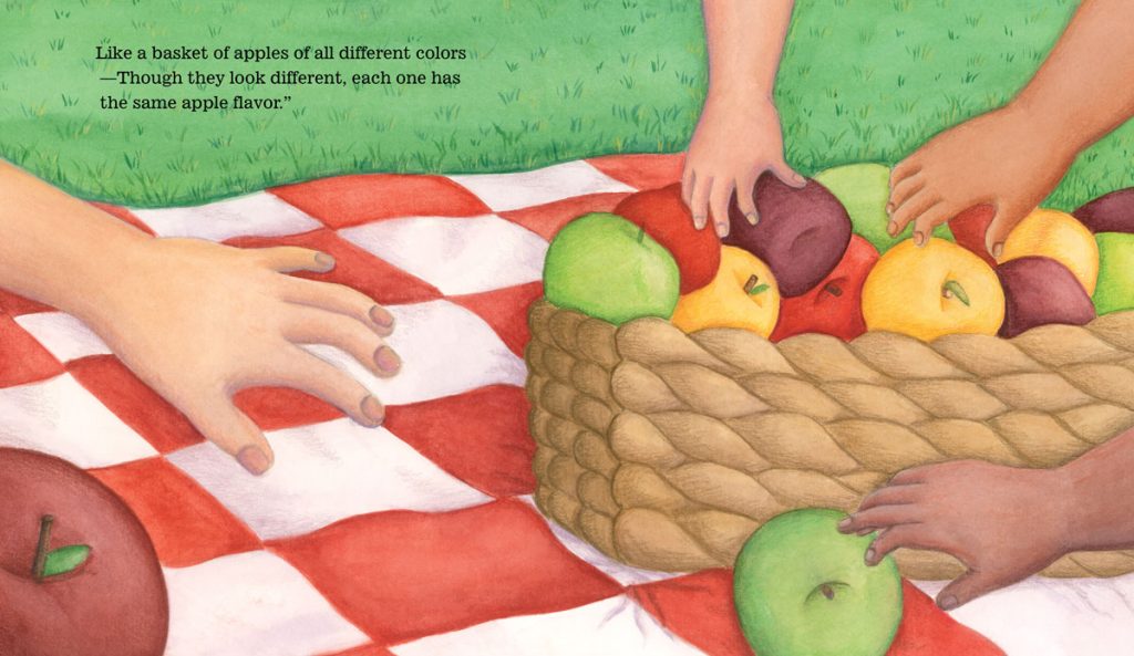 interior spread comparing human skin color to the varied colors of apples
